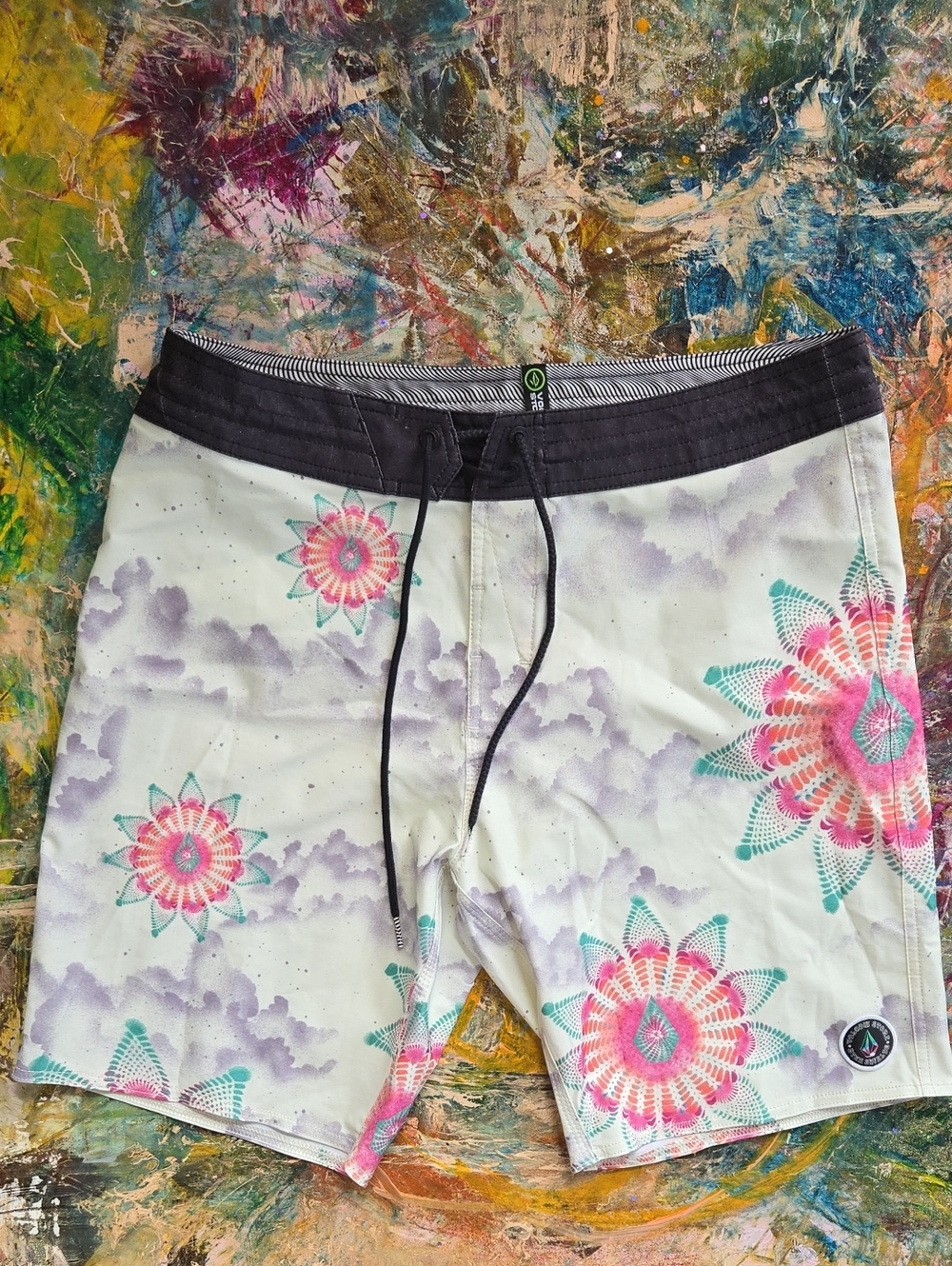Volcom White Board Shorts with Pink & Teal Floral Mandala Print